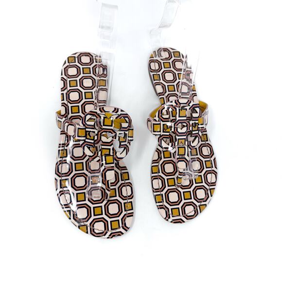 TORY BURCH Yellow Pink Geometric Print Patent Leather Miller Sandals Size 8 - Picture 2 of 11